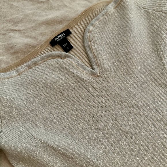 Express Metallic Ribbed Off the Shoulder V-Wire Midi Sweater Dress - Picture 6 of 7